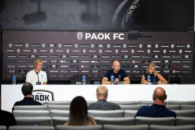 240812 Head coach Henrik Rydström during a press conference with Malmö FF on August 12, 2024 in Thessaloniki Photo Mathilda Ahlberg BILDBYRAN kod MA MA0701 fotboll football soccer fotball champions league presskonferens press conference malmö ff bbeng  Copyright: MATHILDAxAHLBERG BB240812MA043