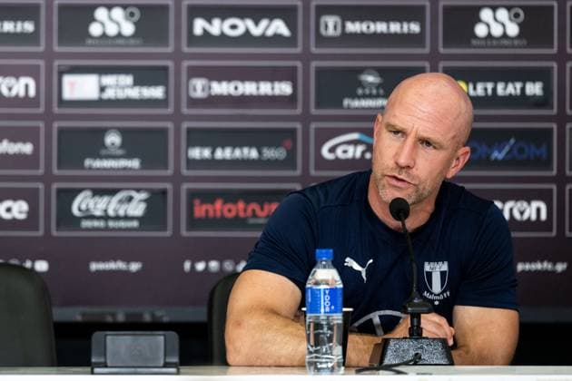 240812 Head coach Henrik Rydström during a press conference with Malmö FF on August 12, 2024 in Thessaloniki Photo Mathilda Ahlberg BILDBYRAN kod MA MA0701 fotboll football soccer fotball champions league presskonferens press conference malmö ff bbeng  Copyright: MATHILDAxAHLBERG BB240812MA045