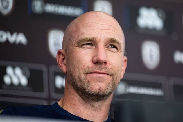 240812 Head coach Henrik Rydström during a press conference with Malmö FF on August 12, 2024 in Thessaloniki Photo Mathilda Ahlberg BILDBYRAN kod MA MA0701 fotboll football soccer fotball champions league presskonferens press conference malmö ff bbeng  Copyright: MATHILDAxAHLBERG BB240812MA047