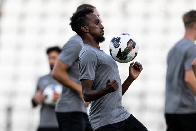 240812 Taha Ali during a training session with Malmö FF on August 12, 2024 in Thessaloniki Photo Mathilda Ahlberg BILDBYRAN kod MA MA0702 fotboll football soccer fotball champions league malmö ff bbeng  Copyright: MATHILDAxAHLBERG BB240812MA058