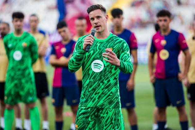 August 12, 2024, Barcelona, Barcelona, Spain: Marc-Andre Ter Stegen of FC Barcelona, Barca attends during the presentation team during the Trofeo Joan Gamper, match played between FC Barcelona and AS Monaco at Estadio Olimpico de Montjuic on August 12, 2024 in Barcelona, Spain. Barcelona Spain - ZUMAa181 20240812_zaa_a181_054 Copyright: xJavierxBorregox