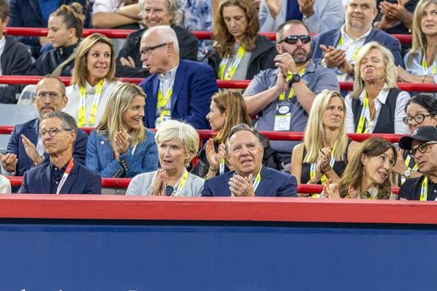 August 12, 2024, Montreal, Quebec, Canada: FRANo¡OIS LEGAULT, prime minister of Quebec and his wife watching the final match between Andrey Rublev and Alexei Popyrin from Australia of Canadian Open at IGA Stadium in Montreal, Quebec, Canada Montreal Canada - ZUMAl189 20240812_zsp_l189_005 Copyright: xYannickxLegarex
