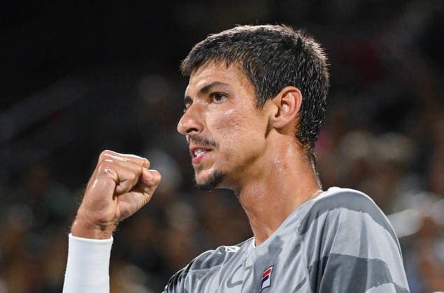August 12, 2024, Montreal, Pq, Canada: Alexei Popyrin, of Australia, reacts following a shot to Andrey Rublev, of Russia, in the final of the National Bank Open men s tennis tournament in Montreal, Monday, Aug. 12, 2024. Alexei Popyrin, Andrey Rublev, - ZUMAc35_ 20240812_zaf_c35_124 Copyright: xGrahamxHughesx
