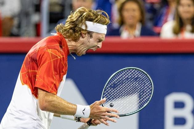 August 12, 2024, Montreal, Quebec, Canada: ANDREY RUBLEV roaring after losing a close point in second set against Alexei Popyrin from Australia in final of Canadian Open at IGA Stadium in Montreal, Quebec, Canada Montreal Canada - ZUMAl189 20240812_zsp_l189_016 Copyright: xYannickxLegarex