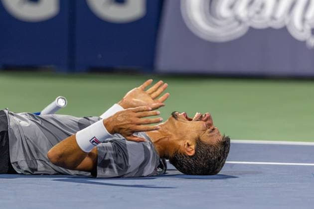 August 12, 2024, Montreal, Quebec, Canada: ALEXEI POPYRIN from Australia laying on the ground after his victory in 2 set against Andrey Rublev in final of Canadian Open at IGA Stadium in Montreal, Quebec, Canada Montreal Canada - ZUMAl189 20240812_zsp_l189_029 Copyright: xYannickxLegarex