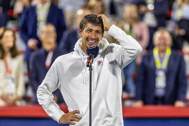 August 12, 2024, Montreal, Quebec, Canada: ALEXEI POPYRIN from Australia on the podium after his victory in 2 set against Andrey Rublev in final of Canadian Open at IGA Stadium in Montreal, Quebec, Canada Montreal Canada - ZUMAl189 20240812_zsp_l189_030 Copyright: xYannickxLegarex