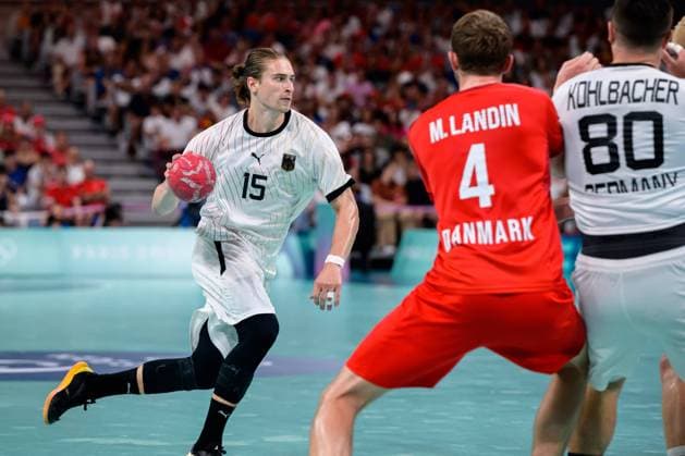Paris, France Handball Olympic Mens Final Germany Denmark Juri Knorr Germany , Daenemarks Magnus Landin, Jannik Kohlbacher Germany Lille Stade Pierre Mauroy France