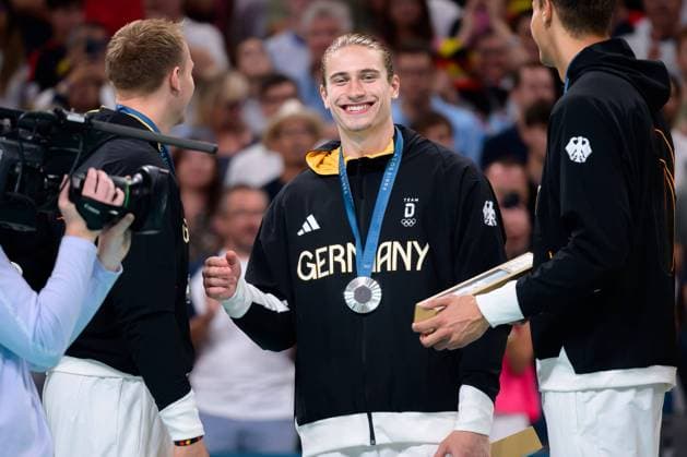 Paris, France Handball Olympic Mens Final Germany Denmark Juri Knorr Germany smiling smiling smiling smiling Lille Stade Pierre Mauroy France