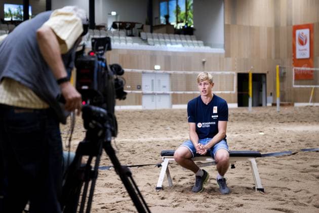THE HAGUE - Steven van de Velde during a press moment at the European Beach volleyball, Beachvolleyball Championships in which they looked back on their participation in the Olympic Games, Olympische Spiele, Olympia, OS in Paris. ANP RAMON VAN FLYMEN netherlands out - belgium out Den Haag xVIxxIVx 505922400 originalFilename: 0754115014st.jpg