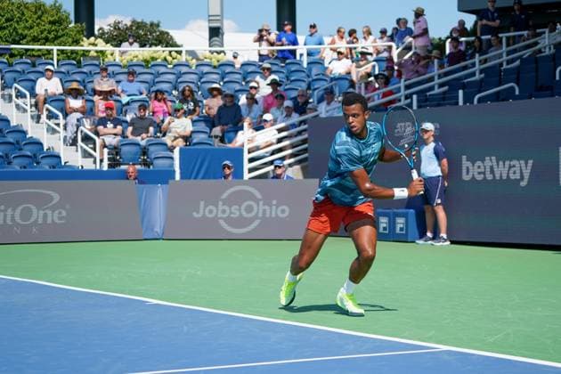 Cincinnati Open: First Round Matches Giovanni Mpetshi Perricard is playing during his first-round match at the Cincinnati Open tennis tournament in Mason, Ohio, on August 13, 2024. Mason Ohio United States  Copyright: xJasonxWhitmanx originalFilename:whitman-cincinna240813_npCQd.jpg