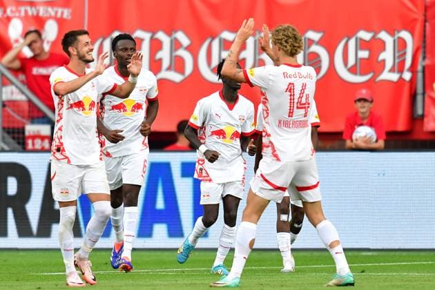 ENSCHEDE, 13-08-2024 , Stadium de Grolsch Veste, football, UEFA Champions League, qualification, season 2024 2025, FC Twente - Salzburg. RBS celebrates the goal 1-3 Twente - Salzburg  x26028674x Copyright: