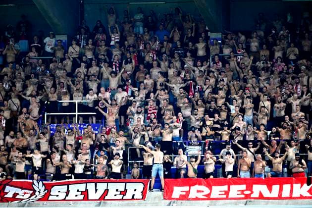 Union SG v Slavia Praha - UEFA Champions League BRUSSELS, BELGIUM - AUGUST 13 : Supporters of Slavia supporting their team during the UEFA Champions League Third qualifying round 2nd leg match between Union Saint-Gilloise and Slavia Praha at the RSC Anderlecht stadium on August 13, 2024 in Brussels, Belgium , 13 08 2024 Brussels Belgium  Copyright: xNicoxVereeckenx