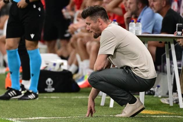 Union s head coach Sebastien Pocognoli pictured during a soccer game between Belgian Royale Union Saint-Gilloise and Czech SK Slavia Praha, on Tuesday 13 August 2024 in Anderlecht, Brussels, the return leg of the third qualifying round for the UEFA Champions League competition. Praha won the first leg 3-1. LAURIExDIEFFEMBACQ  x98417044x
