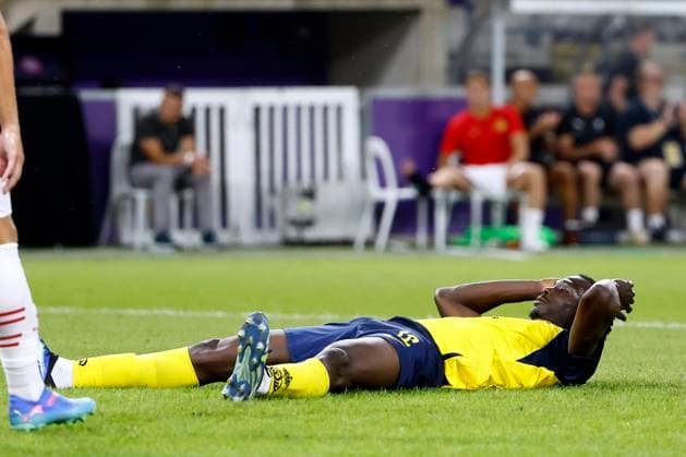 Union SG v Slavia Praha - UEFA Champions League BRUSSELS, BELGIUM - AUGUST 13 : Promise David Oluwatobi forward of Royale Union Saint-Gilloise looks dejected after missing an opportunity during the UEFA Champions League Third qualifying round 2nd leg match between Union Saint-Gilloise and Slavia Praha at the RSC Anderlecht stadium on August 13, 2024 in Brussels, Belgium , 13 08 2024 Brussels Belgium  Copyright: xJanxDexMeuleneirx