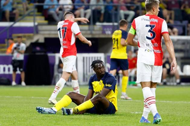 Union SG v Slavia Praha - UEFA Champions League BRUSSELS, BELGIUM - AUGUST 13 : Promise David Oluwatobi forward of Royale Union Saint-Gilloise looks dejected after missing an opportunity during the UEFA Champions League Third qualifying round 2nd leg match between Union Saint-Gilloise and Slavia Praha at the RSC Anderlecht stadium on August 13, 2024 in Brussels, Belgium , 13 08 2024 Brussels Belgium  Copyright: xJanxDexMeuleneirx
