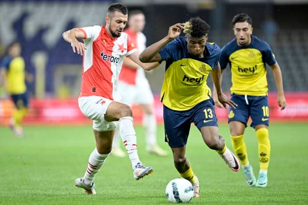 Union SG v Slavia Praha - UEFA Champions League BRUSSELS, BELGIUM - AUGUST 13 : Rodriguez Cortez Kevin Jose forward of Royale Union Saint-Gilloise is challenged by Schranz Ivan forward of SK Slavia Praha during the UEFA Champions League Third qualifying round 2nd leg match between Union Saint-Gilloise and Slavia Praha at the RSC Anderlecht stadium on August 13, 2024 in Brussels, Belgium , 13 08 2024 Brussels Belgium  Copyright: xNicoxVereeckenx