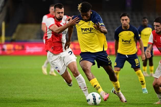 Slavia Prague s Ivan Schranz and Union s Kevin Rodriguez fight for the ball during a soccer game between Belgian Royale Union Saint-Gilloise and Czech SK Slavia Praha, on Tuesday 13 August 2024 in Anderlecht, Brussels, the return leg of the third qualifying round for the UEFA Champions League competition. Praha won the first leg 3-1. LAURIExDIEFFEMBACQ  x98418374x
