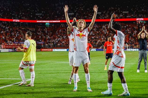 2024-08-13 FC Twente v Red Bull Salzburg - UEFA Champions League Third Qualifying Round 2st Leg ENSCHEDE, NETHERLANDS - AUGUST 13: Maurits Kjaergaard of Red Bull Salzburg during the UEFA Champions League Third Qualifying Round 2st Leg match between FC Twente and Red Bull Salzburg at De Grolsch Veste on August 13, 2024 in Enschede, Netherlands. (Photo by Raymond Smit BSR Agency) Enschede Netherlands Content not available for redistribution in The Netherlands directly or indirectly through any third parties. Copyright: xBSRxAgencyx