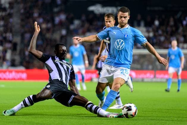 240813 Gabriel Busanello of Malmö FF during the UEFA Champions League football match between PAOK and Malmö FF on August 13, 2024 in Thessaloniki Photo Mathilda Ahlberg BILDBYRAN kod MA MA0703 fotboll football soccer fotball champions league paok malmö ff bbeng  Copyright: MATHILDAxAHLBERG BB240813MA094