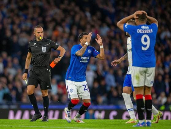 13th August 2024; Hampden Park, Glasgow, Scotland; Champions League Qualifying Football, Second Leg, Rangers versus Dynamo Kyiv; Jefte of Rangers reacts after he is given a second yellow card followed by a red card by referee Marco Guida after he jumps with Oleksandr Karavaiev of Dynamo Kyiv appearing to foul him  ActionPlus12681279 VagelisxGeorgariou
