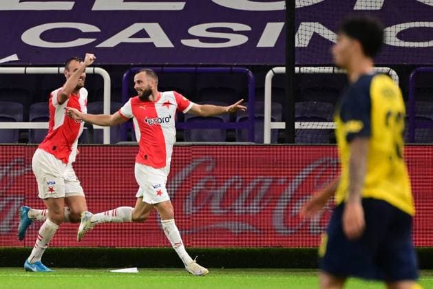 Slavia Prague s Vaclav Jurecka celebrates after scoring during a soccer game between Belgian Royale Union Saint-Gilloise and Czech SK Slavia Praha, on Tuesday 13 August 2024 in Anderlecht, Brussels, the return leg of the third qualifying round for the UEFA Champions League competition. Praha won the first leg 3-1. LAURIExDIEFFEMBACQ  x98419681x