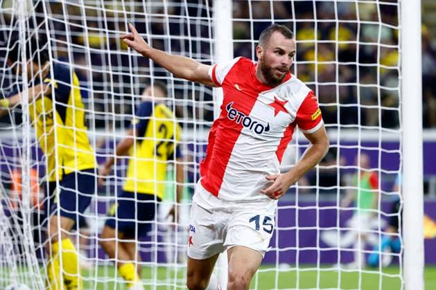 Union SG v Slavia Praha - UEFA Champions League BRUSSELS, BELGIUM - AUGUST 13 : Jurecka Vaclav forward of SK Slavia Praha celebrates after scoring during the UEFA Champions League Third qualifying round 2nd leg match between Union Saint-Gilloise and Slavia Praha at the RSC Anderlecht stadium on August 13, 2024 in Brussels, Belgium , 13 08 2024 Brussels Belgium  Copyright: xJanxDexMeuleneirx