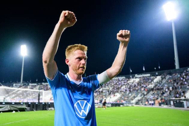 240813 Anders Christiansen of Malmö FF celebrates after the UEFA Champions League football match between PAOK and Malmö FF on August 13, 2024 in Thessaloniki Photo Mathilda Ahlberg BILDBYRAN kod MA MA0703 fotboll football soccer fotball champions league paok malmö ff bbeng jubel  Copyright: MATHILDAxAHLBERG BB240813MA102