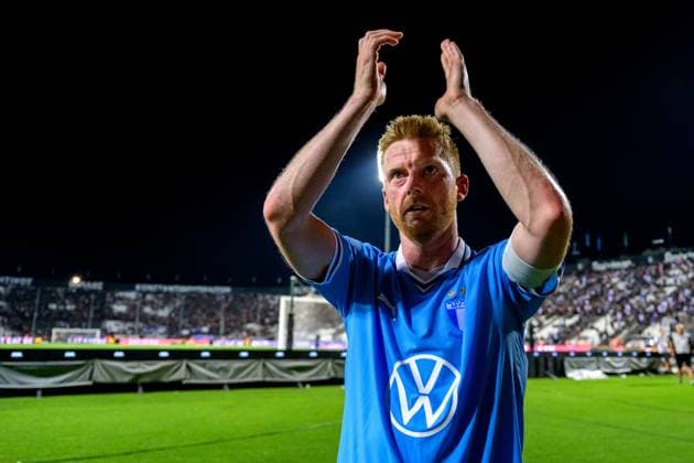 240813 Anders Christiansen of Malmö FF celebrates after the UEFA Champions League football match between PAOK and Malmö FF on August 13, 2024 in Thessaloniki Photo Mathilda Ahlberg BILDBYRAN kod MA MA0703 fotboll football soccer fotball champions league paok malmö ff bbeng  Copyright: MATHILDAxAHLBERG BB240813MA118