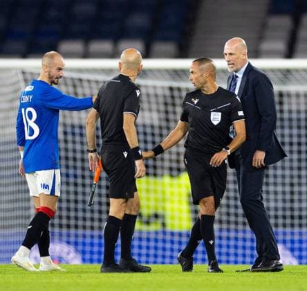 Rangers manager Philippe Clement has words with referee Marco Guida after the Champions League qualifying match at Hampden Park, Glasgow. Rangers v Dynamo Kyiv, UEFA Champions League, Third Qualifying Round, Second Leg, Football, Hampden Park, Glasgow, UK, 13 Aug 2024 EDITORIAL USE ONLY No use with unauthorised audio, video, data, fixture lists, club league logos or live services. Online in-match use limited to 120 images, no video emulation. No use in betting, games or single club league player publications. Copyright: xKirkxO Rourke RangersxFC Shutterstockx 14635004cf