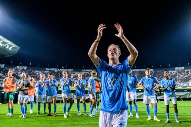 240813 Nils Zätterström of Malmö FF celebrates after the UEFA Champions League football match between PAOK and Malmö FF on August 13, 2024 in Thessaloniki Photo Mathilda Ahlberg BILDBYRAN kod MA MA0703 fotboll football soccer fotball champions league paok malmö ff bbeng jubel  Copyright: MATHILDAxAHLBERG BB240813MA120