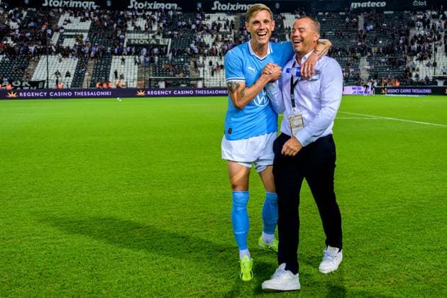 240813 Soren Rieks and Sports director Daniel Andersson of Malmö FF celebrate after the UEFA Champions League football match between PAOK and Malmö FF on August 13, 2024 in Thessaloniki Photo Mathilda Ahlberg BILDBYRAN kod MA MA0703 fotboll football soccer fotball champions league paok malmö ff bbeng jubel  Copyright: MATHILDAxAHLBERG BB240813MA123