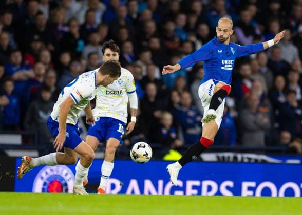 Vaclav Cerny of Rangers jumps for the ball during the Champions League qualifying match at Hampden Park, Glasgow. Rangers v Dynamo Kyiv, UEFA Champions League, Third Qualifying Round, Second Leg, Football, Hampden Park, Glasgow, UK, 13 Aug 2024 EDITORIAL USE ONLY No use with unauthorised audio, video, data, fixture lists, club league logos or live services. Online in-match use limited to 120 images, no video emulation. No use in betting, games or single club league player publications. Copyright: xKirkxO Rourke RangersxFC Shutterstockx 14635004ck
