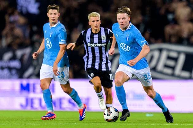 240813 Nils Zätterström of Malmö FF during the UEFA Champions League football match between PAOK and Malmö FF on August 13, 2024 in Thessaloniki Photo Mathilda Ahlberg BILDBYRAN kod MA MA0703 fotboll football soccer fotball champions league paok malmö ff bbeng  Copyright: MATHILDAxAHLBERG BB240813MA136