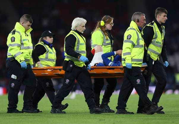 Football - 2024 2025 UEFA Champions League - Third Qualifying Round - Second Leg - Glasgow Rangers vs Dynamo Kyiv - Hampden Park - Tuesday 13th August 2024 R?dvan Y?lmaz of Rangers has to be stretchered off after receiving an injury 