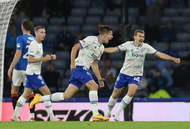 Football - 2024 2025 UEFA Champions League - Third Qualifying Round - Second Leg - Glasgow Rangers vs Dynamo Kyiv - Hampden Park - Tuesday 13th August 2024 Oleksandr Pikhalyonok of Dynamo Kyiv celebrates after scoring to make it 1-0 