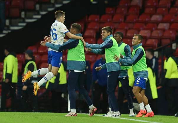 Football - 2024 2025 UEFA Champions League - Third Qualifying Round - Second Leg - Glasgow Rangers vs Dynamo Kyiv - Hampden Park - Tuesday 13th August 2024 Oleksandr Pikhalyonok of Dynamo Kyiv celebrates after scoring to make it 1-0 