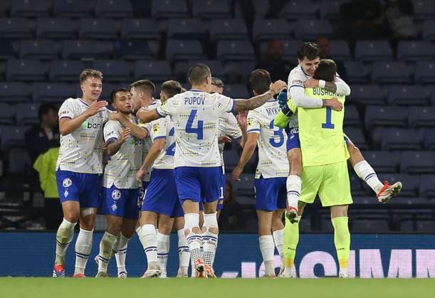 Football - 2024 2025 UEFA Champions League - Third Qualifying Round - Second Leg - Glasgow Rangers vs Dynamo Kyiv - Hampden Park - Tuesday 13th August 2024 Nazar Voloshyn of Dynamo Kyiv celebrates after scoring to make it 2-0 