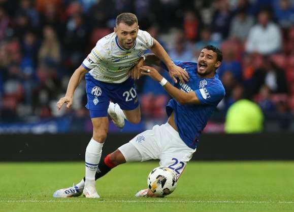 Football - 2024 2025 UEFA Champions League - Third Qualifying Round - Second Leg - Glasgow Rangers vs Dynamo Kyiv - Hampden Park - Tuesday 13th August 2024 Jefte of Rangers vies with Oleksandr Karavayev of Dynamo Kyiv 