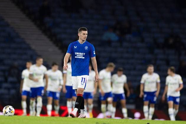 Tom Lawrence of Rangers dejected after the second goal during the Champions League qualifying match at Hampden Park, Glasgow. Rangers v Dynamo Kyiv, UEFA Champions League, Third Qualifying Round, Second Leg, Football, Hampden Park, Glasgow, UK, 13 Aug 2024 EDITORIAL USE ONLY No use with unauthorised audio, video, data, fixture lists, club league logos or live services. Online in-match use limited to 120 images, no video emulation. No use in betting, games or single club league player publications. Copyright: xKirkxO Rourke RangersxFC Shutterstockx 14635004ds