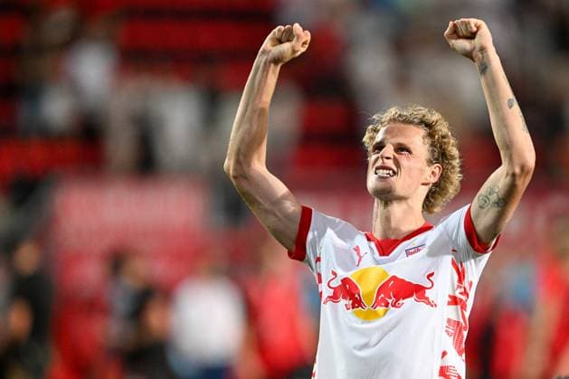 Champions League qualifier Twente Enschede RB Salzburg on 13 08 2024 at De Grolsch Veste in Enschede Maurits Kjaergaard Salzburg cheers after the match MT