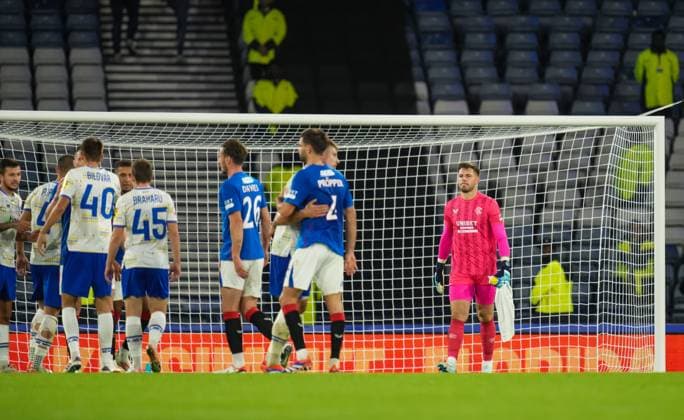 Rangers goalkeeper Jack Butland looks dejected after the full-time whistle. Final score Rangers 0 Dynamo Kyiv 2 (Agg. 1-3). Rangers v Dynamo Kyiv, UEFA Champions League, Third Qualifying Round, Second Leg, Football, Hampden Park, Glasgow, UK, 13 Aug 2024 EDITORIAL USE ONLY No use with unauthorised audio, video, data, fixture lists, club league logos or live services. Online in-match use limited to 120 images, no video emulation. No use in betting, games or single club league player publications. Copyright: xStuartxWallace Shutterstockx 14633326cs