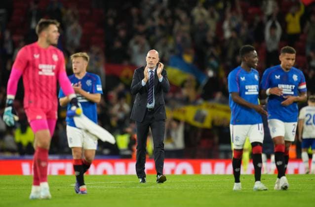 Rangers manager Philippe Clement applauds the Rangers fans after the full-time whistle. Final score Rangers 0 Dynamo Kyiv 2 (Agg. 1-3). Rangers v Dynamo Kyiv, UEFA Champions League, Third Qualifying Round, Second Leg, Football, Hampden Park, Glasgow, UK, 13 Aug 2024 EDITORIAL USE ONLY No use with unauthorised audio, video, data, fixture lists, club league logos or live services. Online in-match use limited to 120 images, no video emulation. No use in betting, games or single club league player publications. Copyright: xStuartxWallace Shutterstockx 14633326dc