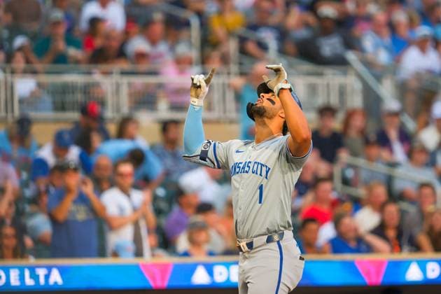 August 13, 2024, Minneapolis, Minnesota, USA: Kansas City Royals left fielder MJ MELENDEZ (1) celebrates a solo home run during a MLB, Baseball Herren, USA game between the Minnesota Twins and the Kansas City Royals at Target Field. The Twins won 13-3. Minneapolis USA - ZUMAg254 20240813_zsp_g254_077 Copyright: xStevenxGarciax