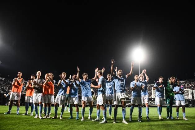 August 13, 2024, Thessaloniki, Greece: Malmo s players celebrate after a third qualifying Champions League round match between PAOK FC and Malmo FF. The game ended 3-4 and Malmo continues to the next phase. (Credit Image: Giannis Papanikos ZUMA Press Wire) PAOK FC vs Malmo FF PAPANIKOS_PAOK_MALMO_4114.JPG