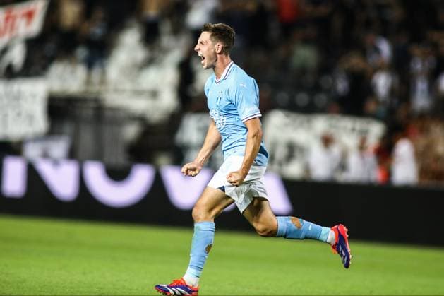 August 13, 2024, Thessaloniki, Greece: Malmo s Lasse Berg Johnsen celebrates during a qualifying Champions League round match between PAOK FC and Malmo FF. The game ended 3-4 and Malmo continues to the next phase. (Credit Image: Giannis Papanikos ZUMA Press Wire) PAOK FC vs Malmo FF PAPANIKOS_PAOK_MALMO_4117.JPG