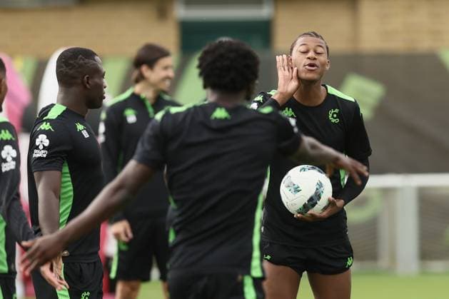 Cercle s Malamine Efekele pictured during a training session of Belgian soccer team Cercle Brugge KSV, Wednesday 14 August 2024 in Brugge. The team is preparing for tomorrow s match against Norwegian Molde FK, the return game in the third qualifying round for the UEFA Europa League competition. Molde won the first leg 3-0. BRUNOxFAHY  x98436408x