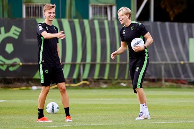 Cercle Brugge v Molde - UEFA Europa League - media activities BRUGGE, BELGIUM - AUGUST 14 : Daland Jesper defender of Cercle Brugge and Ravych Christiaan defender of Cercle Brugge pictured during a training session prior the UEFA Europa League third qualifying round 2nd leg match between Cercle Brugge and Molde on August 14, 2024 in Brugge, Belgium, 14 08 2024 Brugge Belgium  Copyright: xJanxDexMeuleneirx