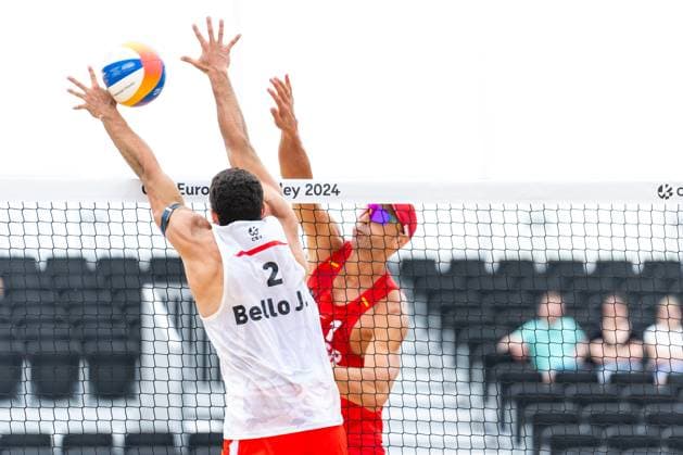 2024-08-14 CEV Beach volleyball, Beachvolleyball European Championships - Day 2 THE HAGUE, NETHERLANDS - AUGUST 14: Joaquin Bello of England and Pablo Herrera Allepuz of Spain during Day 2 of the CEV Beach Volleyball European Championships at The Hague Beach Stadium on August 14, 2024 in The Hague, Netherlands. (Photo by Joris Verwijst BSR Agency) The Hague Netherlands Content not available for redistribution in The Netherlands directly or indirectly through any third parties. Copyright: xBSRxAgencyx