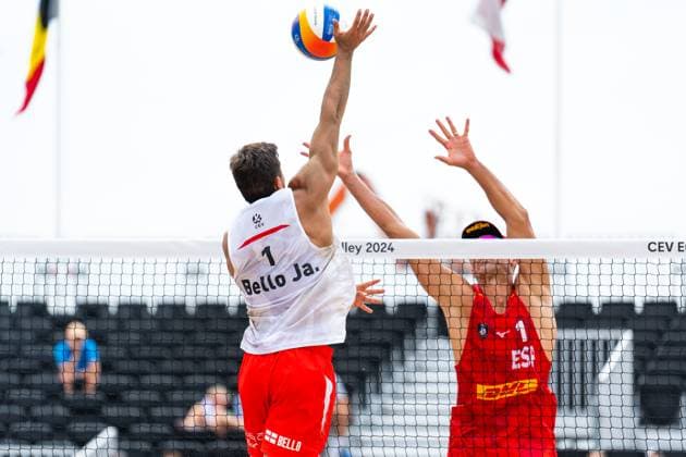 2024-08-14 CEV Beach volleyball, Beachvolleyball European Championships - Day 2 THE HAGUE, NETHERLANDS - AUGUST 14: Javier Bello of England and Pablo Herrera Allepuz of Spain during Day 2 of the CEV Beach Volleyball European Championships at The Hague Beach Stadium on August 14, 2024 in The Hague, Netherlands. (Photo by Joris Verwijst BSR Agency) The Hague Netherlands Content not available for redistribution in The Netherlands directly or indirectly through any third parties. Copyright: xBSRxAgencyx