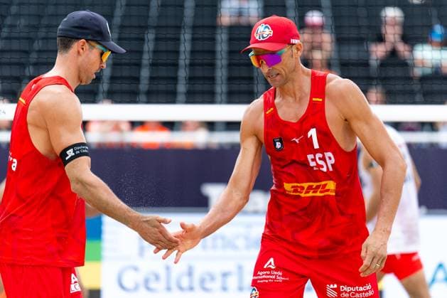 2024-08-14 CEV Beach volleyball, Beachvolleyball European Championships - Day 2 THE HAGUE, NETHERLANDS - AUGUST 14: Adrian Gavira Collado of Spain and Pablo Herrera Allepuz of Spain during Day 2 of the CEV Beach Volleyball European Championships at The Hague Beach Stadium on August 14, 2024 in The Hague, Netherlands. (Photo by Joris Verwijst BSR Agency) The Hague Netherlands Content not available for redistribution in The Netherlands directly or indirectly through any third parties. Copyright: xBSRxAgencyx